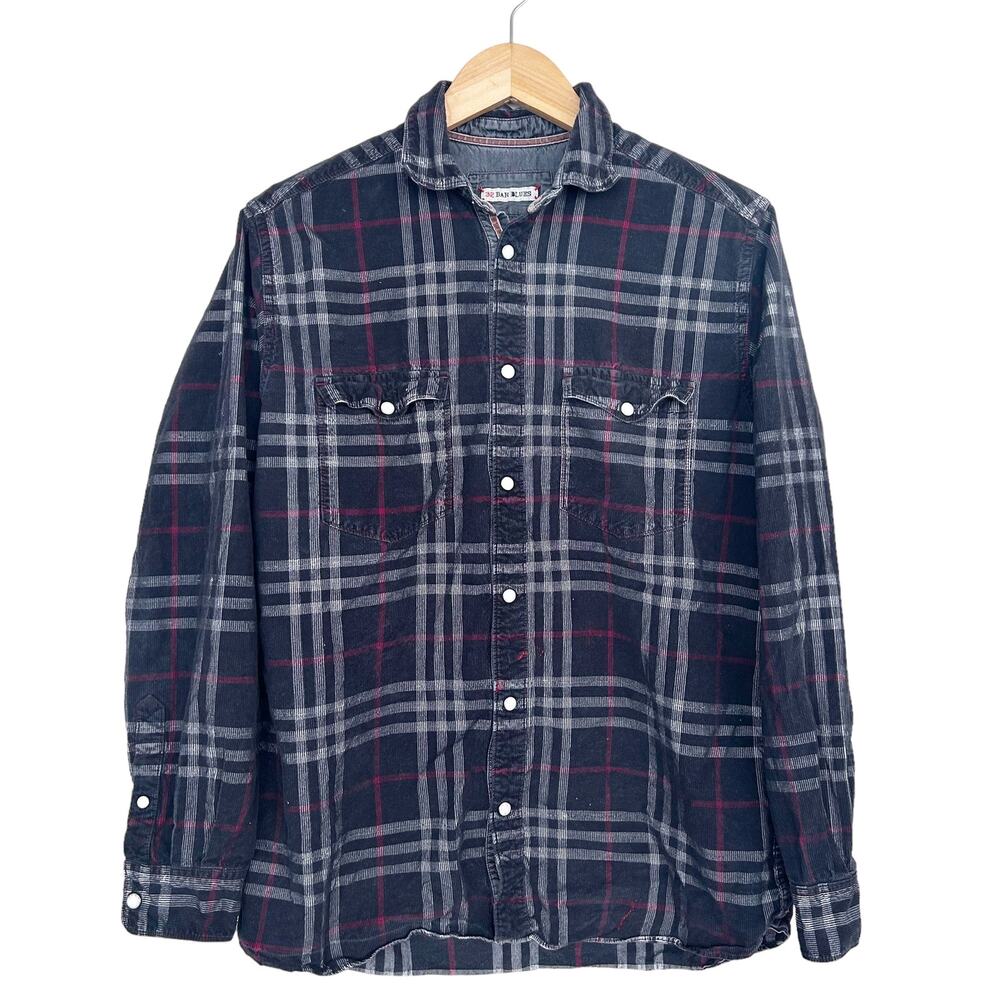 32 Bar Blues Black Plaid Corduroy Snap Front Shirt Sz M